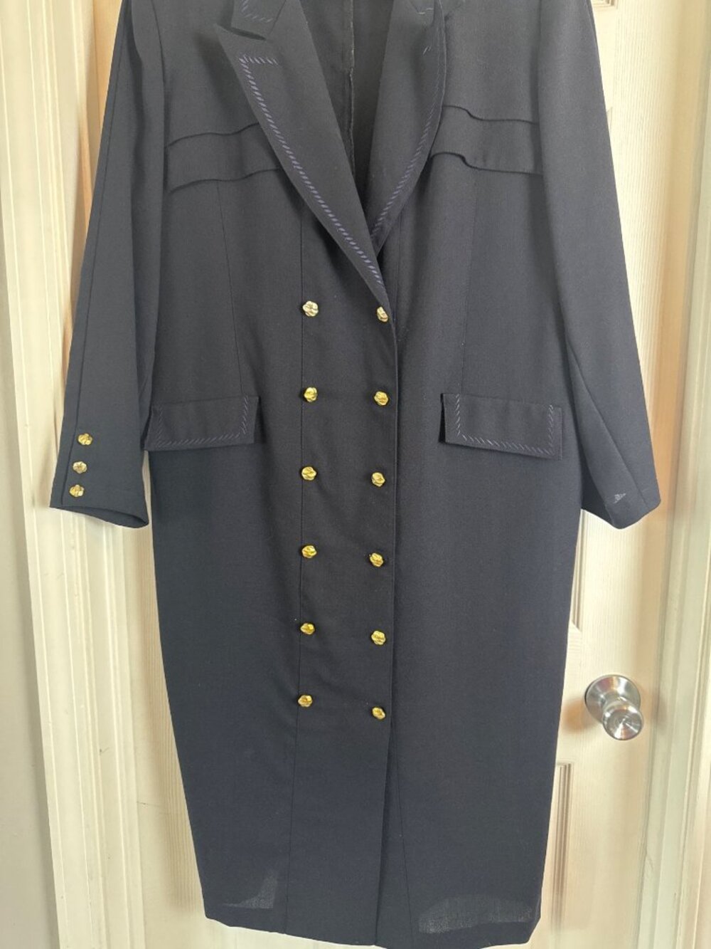 Lucien Daunois Black Double-Breasted Wool Blazer Dress Gold Button Longline XL - Picture 4 of 8